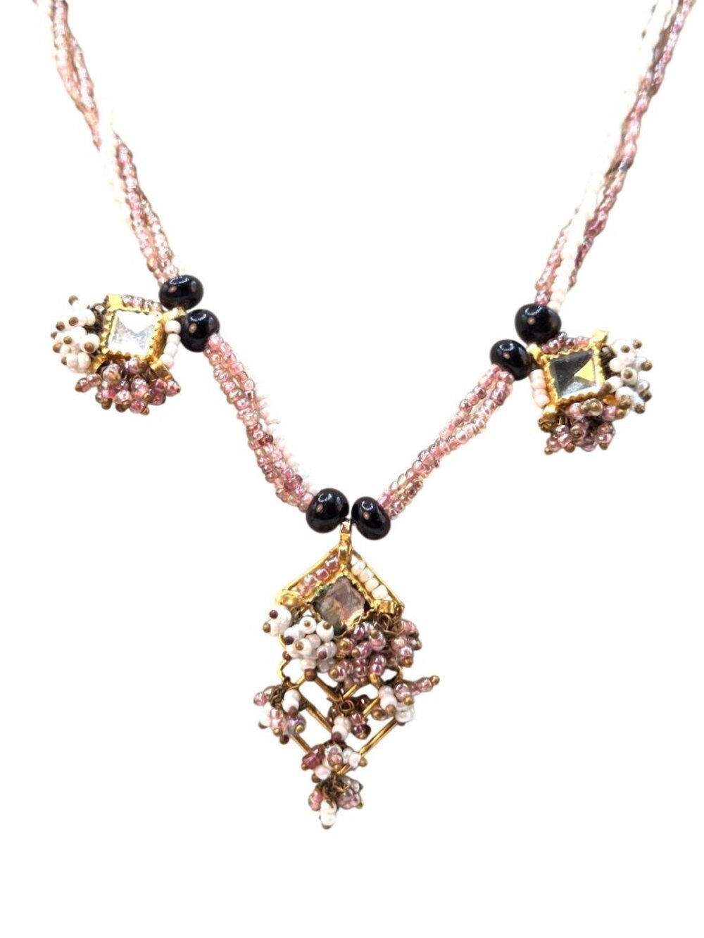 Handmade Beaded Necklace With Gold-Tone & Black Bead Accents, Pink Cluster Charm